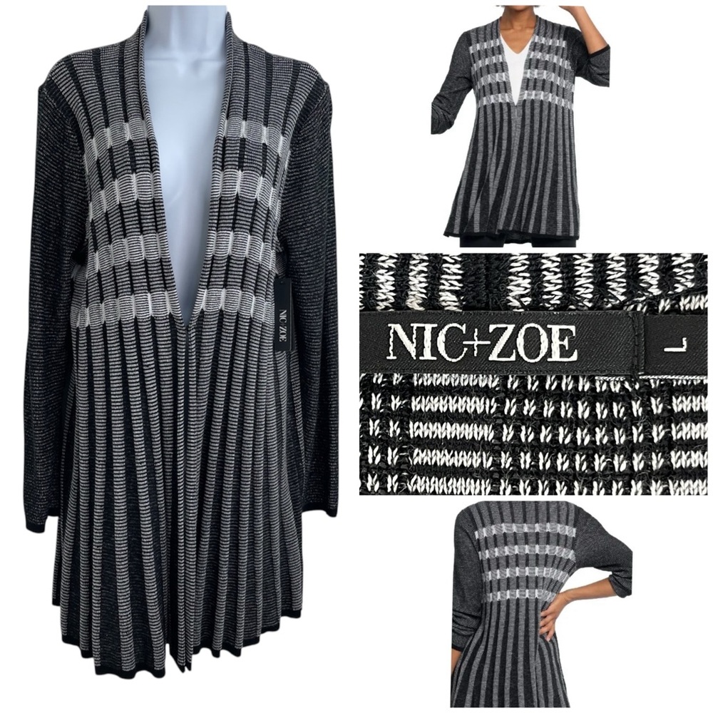 Nick+Zoe Trust Me Cardigan Viscose ble Women L Black White Striped Snap Hook New